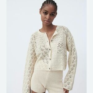 Cream Crochet Button-Up Cardigan - Zara